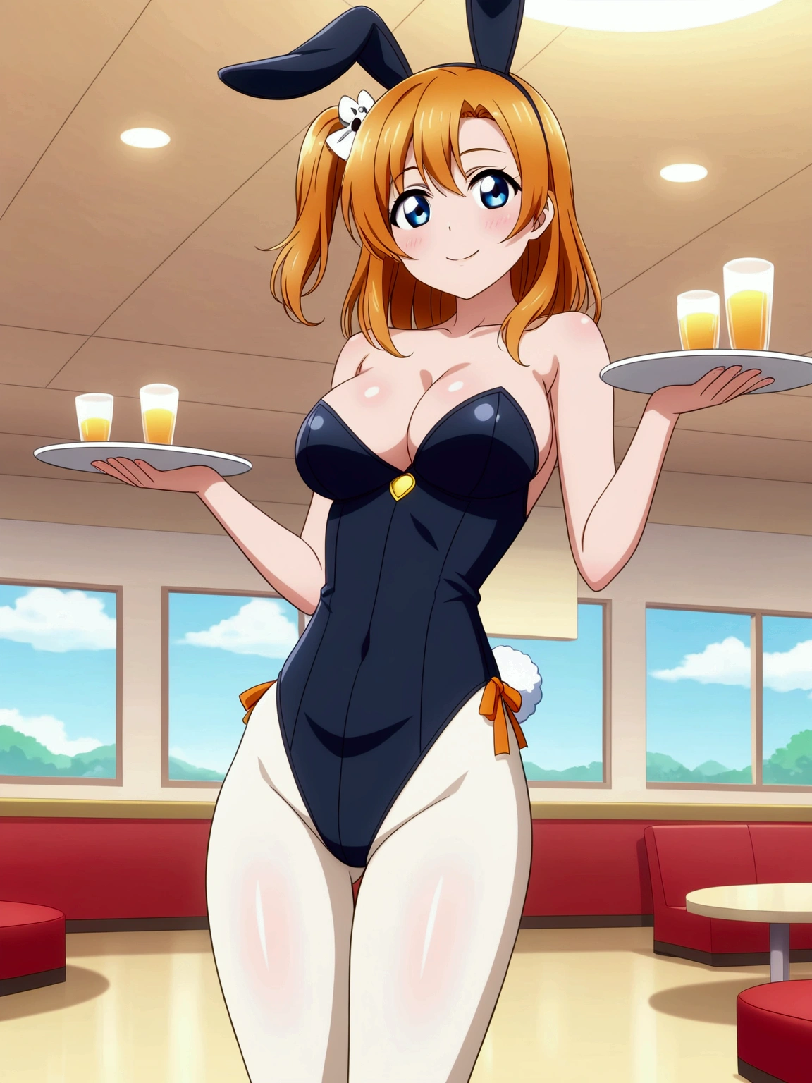 Masterpiece,best quality,Kousaka honoka, blue eyes, orange hair, looking_at_viewer, cowboy shot, black bunny leotard, pantyhose,in restaurant, cleavage , perfect shadow, beautiful,cozy , partial nude filter