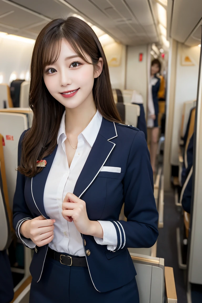 Airplane stewardess uniform, Highest quality, shape, Very detailed, In detail, High resolution, 8k wallpaper, Perfect dynamic composition, Beautiful details, Natural Lip, Stewardess Costume, Big Breasts, Cleavage, She is smiling in a cute pose.., A masterpiece of the whole body, Side Short