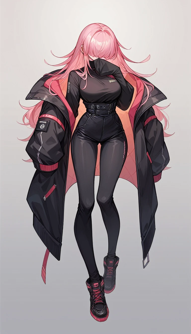 Elegg (NOD) hair with bangs covering the eyes,   full body pink hair wearing a black suit 