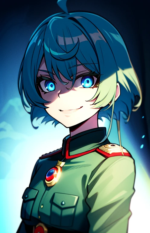 Degurechaff, military uniform, smile, teen, blue eyes, psychotic eyes, detailed face, vibrant colors, sharp focus, intense lighting, surrealistic atmosphere, wartime setting, magical elements