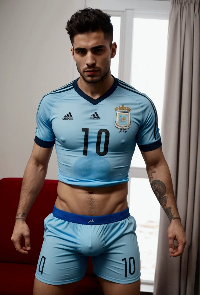 Man with the Argentina shirt and in very tight boxers