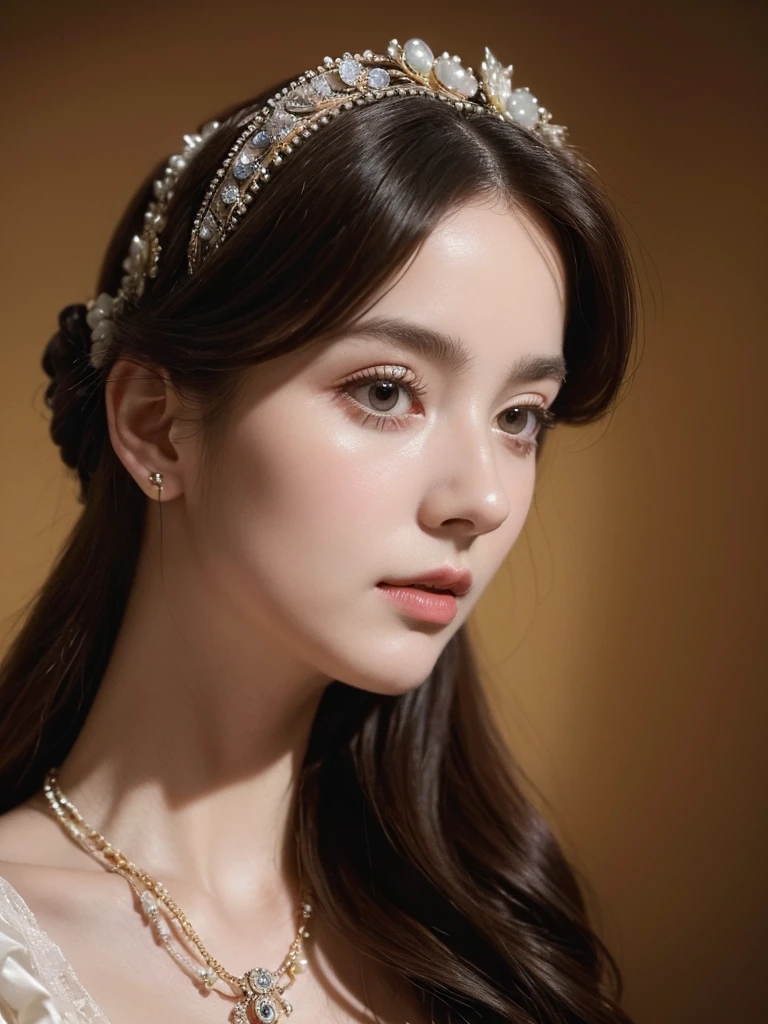 A close-up of a woman, wearing a tie and a necklace, rococo queen, rococo style portrait, Beautiful portrait image, in Victorian aristocrat, Renaissance-Stil, Baroque hair, Beautiful girl, in a high Renaissance-Stil, rococo cyberpunk, in a Renaissance-Stil, Imaginative Victorian art, rococo portrait, Very nice portrait, Victorian Lady, # rococo,(best quality,ultra realist:1.2),A high resolution ,ultra detail, a young French courtesan of the fourteenth century, , beautiful woman in exquisite black and red costume ,Fine jewelry, like pearls and rubies. pale skin, Curly silver hair with small strands, beautiful expressive blue-grey eyes ,beautiful detailed lips,, Beautiful and elegant and delicate personality.