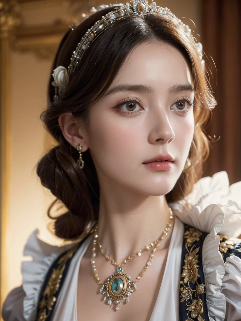 A close-up of a woman, wearing a tie and a necklace, rococo queen, rococo style portrait, Beautiful portrait image, in Victorian aristocrat, Renaissance-Stil, Baroque hair, Beautiful girl, in a high Renaissance-Stil, rococo cyberpunk, in a Renaissance-Stil, Imaginative Victorian art, rococo portrait, Very nice portrait, Victorian Lady, # rococo,(best quality,ultra realist:1.2),A high resolution ,ultra detail, a young French courtesan of the fourteenth century, 16yo, beautiful woman in exquisite black and red costume ,Fine jewelry, like pearls and rubies. pale skin, Curly silver hair with small strands, beautiful expressive blue-grey eyes ,beautiful detailed lips,, Beautiful and elegant and delicate personality.
