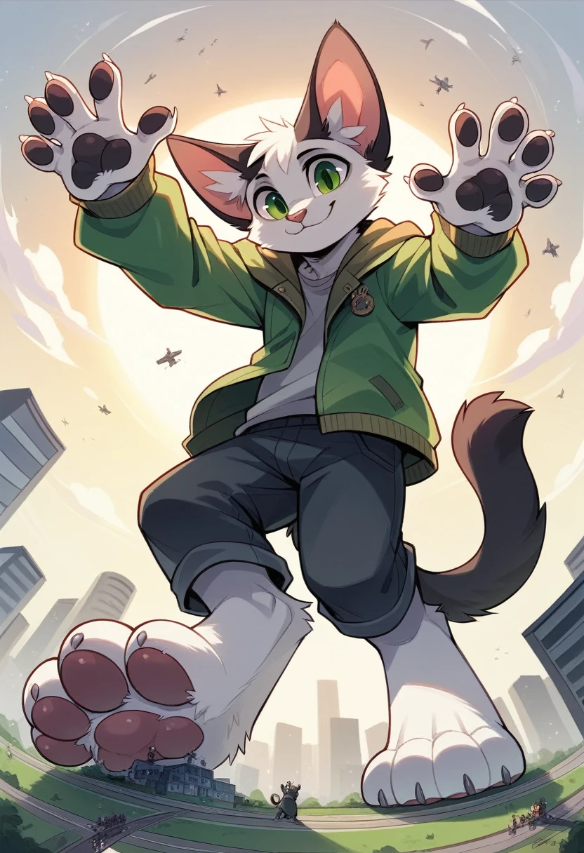 anthro, cat, white fur, green eyes, green jacket, big ears, black tail tip, furry, looking down, Viewers look at, Viewer looks up, smiling, above standing, Macro, Fußfocus, alone, good lighting, Focus on feet, raised foot, Focus on the bottom of the foot, fluffy, furry paws, Paw pads, schwarze Paw pads, stomp something, adult