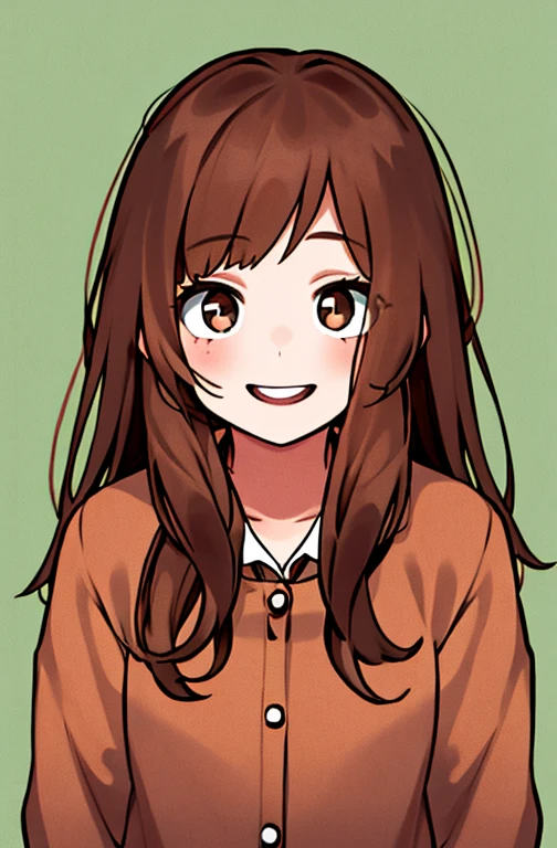 Horikoshi Kouhei, 1 girl, brown hair, brown eyes, cute eyes,long hair, happy.