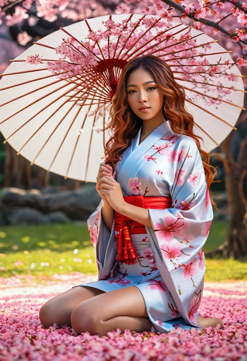 Mixed girl, sexy kimono, on the knees, Sakura petals that fall from a sakura tree , Asian umbrella, A beautiful caribean mixed girl, west indies girl, perfect hands and feet, long red wavy hair, Sakura petals, Amawed, best quality,8k,highres,masterpiece:1.2),ultra-detailed,(realistic,photorealistic:1.37),portrait,vivid colors,