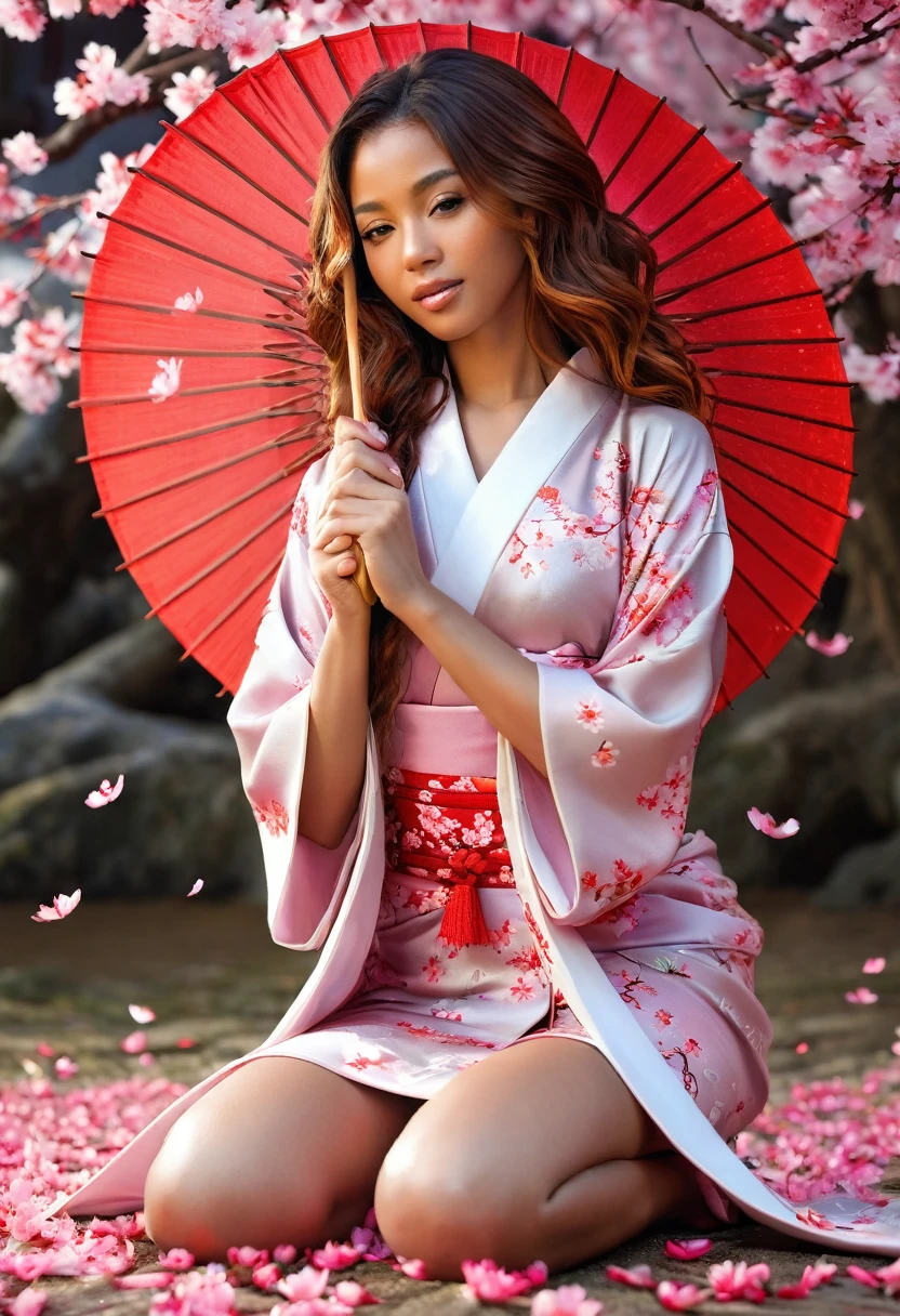Mixed girl, sexy kimono, on the knees, Sakura petals that fall from a sakura tree , Asian umbrella, A beautiful caribean mixed girl, west indies girl, perfect hands and feet, long red wavy hair, Sakura petals, Amawed, best quality,8k,highres,masterpiece:1.2),ultra-detailed,(realistic,photorealistic:1.37),portrait,vivid colors,