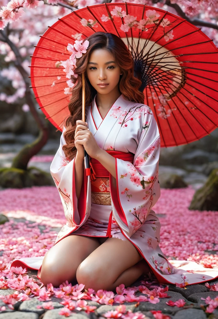 Mixed girl, sexy kimono, on the knees, Sakura petals that fall from a sakura tree , Asian umbrella, A beautiful caribean mixed girl, west indies girl, perfect hands and feet, long red wavy hair, Sakura petals, Amawed, best quality,8k,highres,masterpiece:1.2),ultra-detailed,(realistic,photorealistic:1.37),portrait,vivid colors,