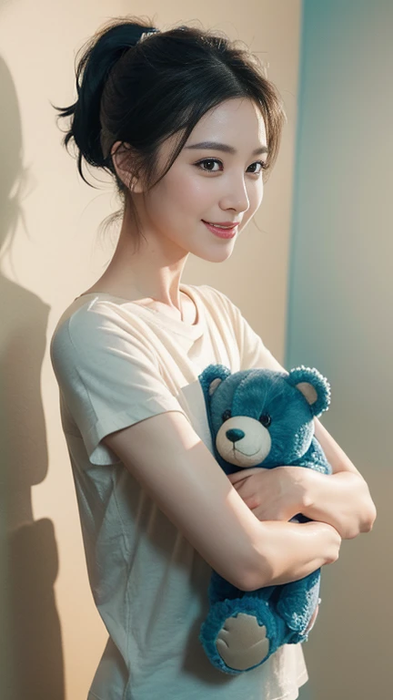 ((((8k))),((Extremely detailed CG)) ,(wallpaper),16K,((extremely delicate and beautiful)),(((masterpiece))),(((best quality))),(((超High resolution))),beautiful lights,perfect lightning,Realistic shadows,[High resolution],(Smooth and flawless fair skin:1.5),Face部細節極為精緻,(Perfect body:1.1),Super detailed,a beautiful girl,alone,small head,(very short black ponytail:1.1),小Face,(Face:1.2),(Face紅:1.3),Sophisticated makeup,happy,(Smile:1.2),(Medium Breast:1.1),flat chest,Slim,Thin,happy,(Light beige short-sleeved T-shirt:1.3),(Slender legs:1.2),(Night view:1.5),In the restroom,Bright light,(Detailed Background:1.5),(teal background:1.2),Standing next to the wash basin,(Upper Body:1.2),Hug a stuffed bear