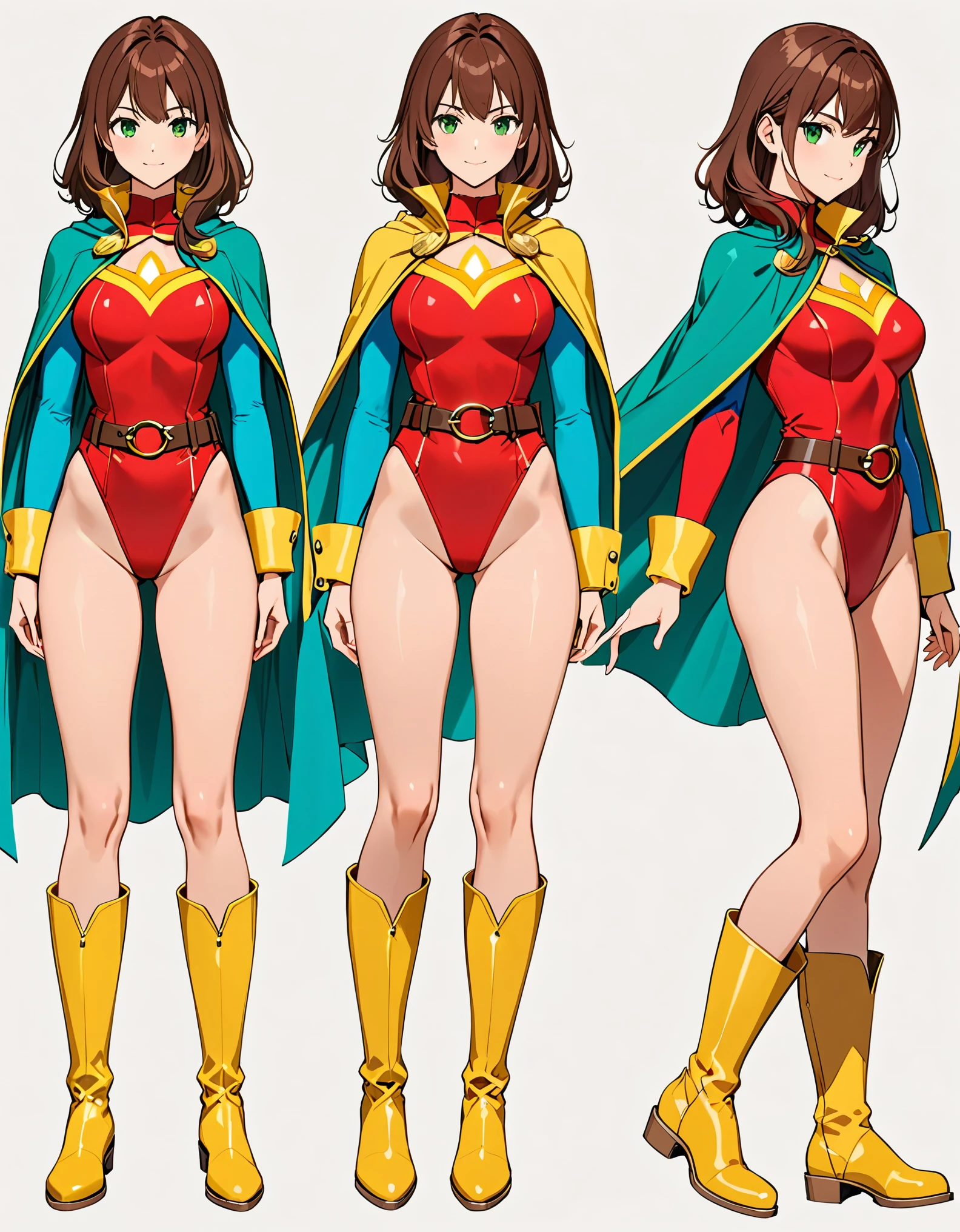 (masterpiece), (best quality), (high res), 1lady, tall body, beautiful detailed eyes, beautiful detailed face, perfect hands, complete fingers, perfect anatomy, perfect proportions, ((brown hair, medium hair, hair down)), ((green eyes)), (leotard, matching leotard), ((red leotard)), ((bare legs)), ((boots, matching boots, knee-high boots, yellow boots)), breasts, medium breasts, (full body portrait), looking at viewer, solo, solo focus, standing, ((belt, tight belt)), (blue sleeves, yellow cuffs), (yellow hawk (symbol) on the chest), (medium cape, (cyan cape)), full body costume design. Simple background, Multiple Views, Character Sheet Full-Length.