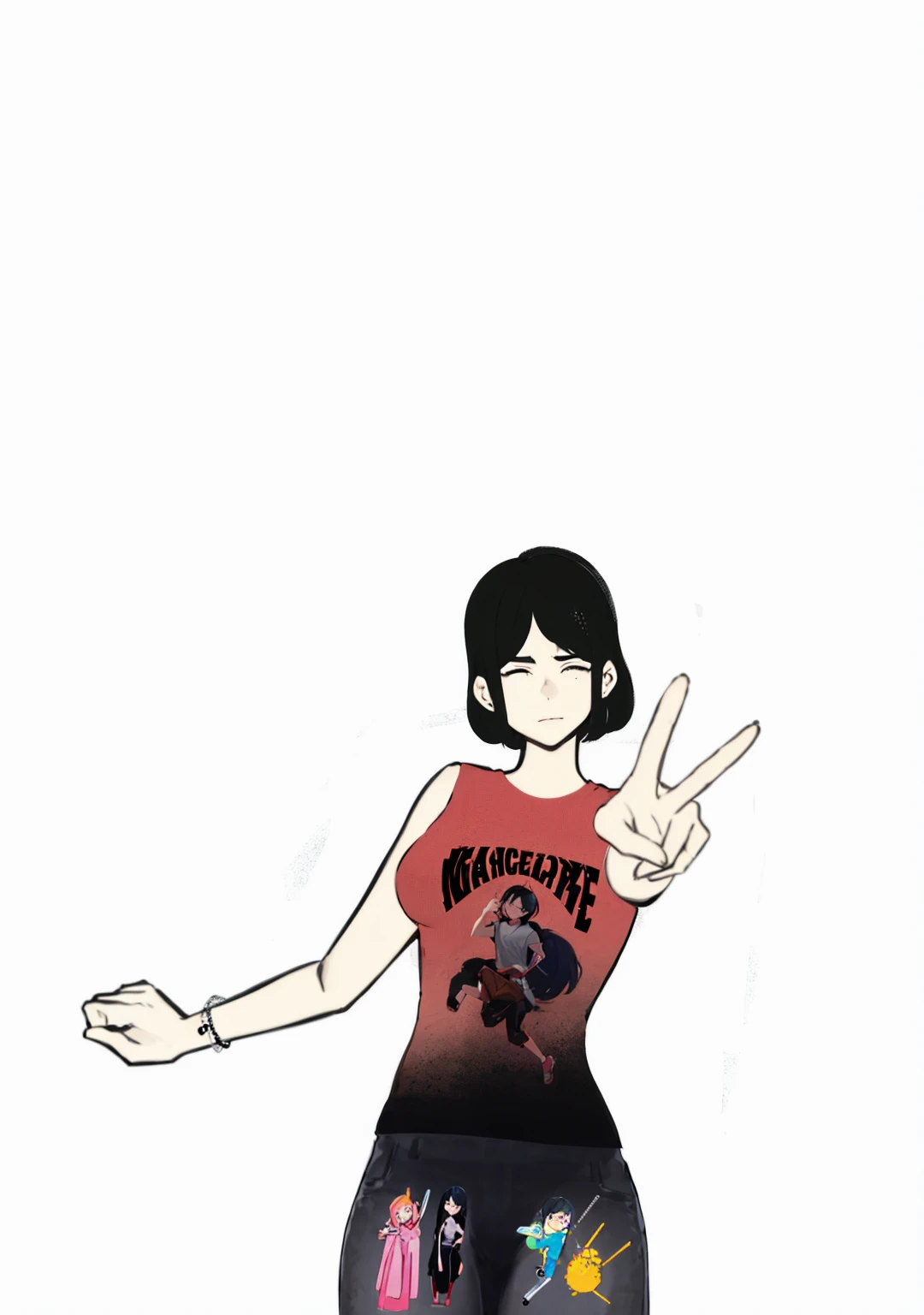 1 , short black hair,bangs between eyes, eyes locked, shirt and pants with design.