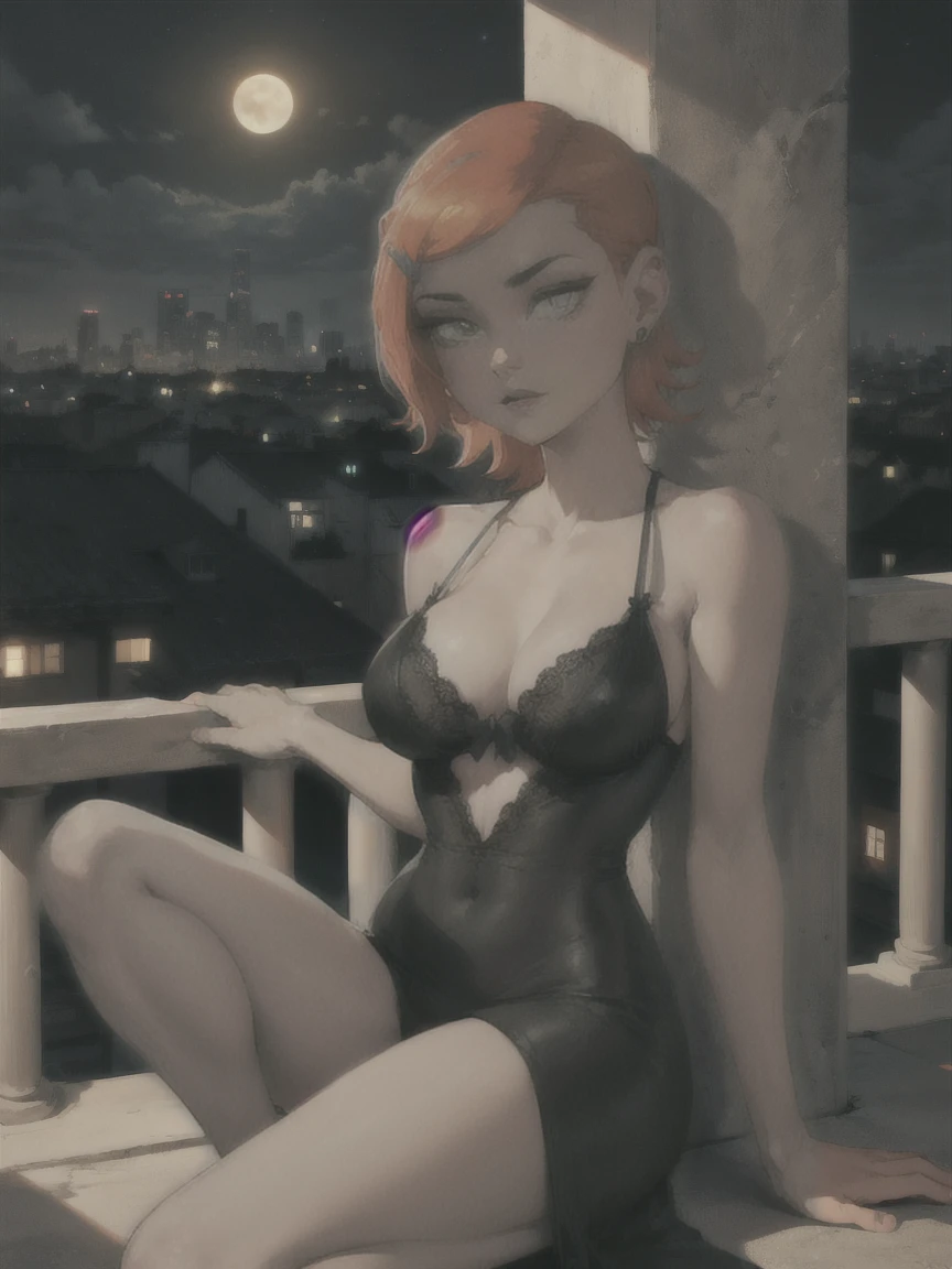 Gwen Tennyson stands on a luxurious terrace of a skyscraper in the city, enjoying a clear night. The scene is illuminated by the soft light of the moon, creating a calm and sophisticated environment. The terrace has elegant furniture and decorative plants, that add a touch of freshness to the composition.
She is dressed only in a black lace nightgown, that fits perfectly to your figure. The nightgown is made of delicate and translucent lace., with an intricate design of flowers and geometric patterns that highlight your body in a sensual and refined way. The black fabric, to the light of the Moon, It has a slight shine that accentuates the texture and detail of the lace.
The nightdress has a deep V-shaped neckline that reveals a touch of your skin, while the straps are thin and adjustable, adding a touch of sophistication to the ensemble. The skirt of the nightgown falls gently to just above her knees., moving with the night breeze and accentuating the elegance of your posture.
Gwen is barefoot on the terrace floor, which is covered with polished marble tiles that reflect the moonlight. She leans slightly over the glass railing, with one hand resting on the railing and the other gently touching her hair. His posture suggests a mix of relaxation and confidence., while looking at the city skyline.
Her red hair falls in soft waves over her shoulders., and her face is lightly made up with a touch of shadow in her eyes and a subtle gloss on her lips.. Sus ojos verdes brillan to the light of the Moon, adding an intensity to your look that complements the air of sensuality of the moment.
The view from the terrace shows a dazzling cityscape with twinkling lights and buildings in the distance. The black lace nightgown combination, The soft light of the moon and the panoramic view of the city creates an atmosphere of sophistication and mystery, highlighting the elegance