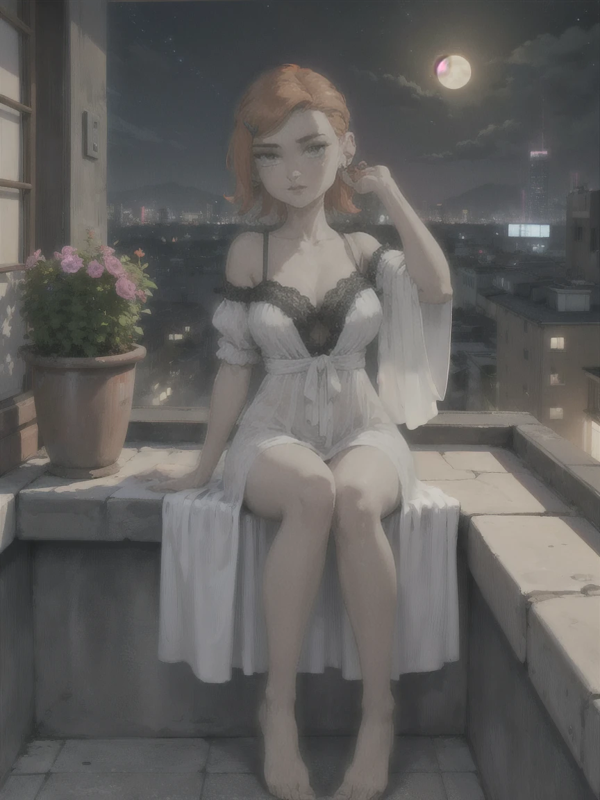 Gwen Tennyson stands on a luxurious terrace of a skyscraper in the city, enjoying a clear night. The scene is illuminated by the soft light of the moon, creating a calm and sophisticated environment. The terrace has elegant furniture and decorative plants, that add a touch of freshness to the composition.
She is dressed only in a black lace nightgown, that fits perfectly to your figure. The nightgown is made of delicate and translucent lace., with an intricate design of flowers and geometric patterns that highlight your body in a sensual and refined way. The black fabric, to the light of the Moon, It has a slight shine that accentuates the texture and detail of the lace.
The nightdress has a deep V-shaped neckline that reveals a touch of your skin, while the straps are thin and adjustable, adding a touch of sophistication to the ensemble. The skirt of the nightgown falls gently to just above her knees., moving with the night breeze and accentuating the elegance of your posture.
Gwen is barefoot on the terrace floor, which is covered with polished marble tiles that reflect the moonlight. She leans slightly over the glass railing, with one hand resting on the railing and the other gently touching her hair. His posture suggests a mix of relaxation and confidence., while looking at the city skyline.
Her red hair falls in soft waves over her shoulders., and her face is lightly made up with a touch of shadow in her eyes and a subtle gloss on her lips.. Sus ojos verdes brillan to the light of the Moon, adding an intensity to your look that complements the air of sensuality of the moment.
The view from the terrace shows a dazzling cityscape with twinkling lights and buildings in the distance. The black lace nightgown combination, The soft light of the moon and the panoramic view of the city creates an atmosphere of sophistication and mystery, highlighting the elegance