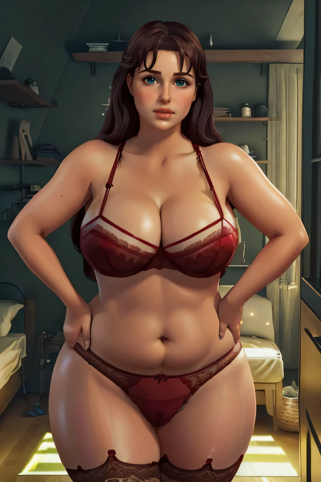 Elizabeth Olsen, nude, completely naked, pale white skin, big round breasts, dark brown nipples, wide hips, toned thighs, milf body, vagina, labia,
