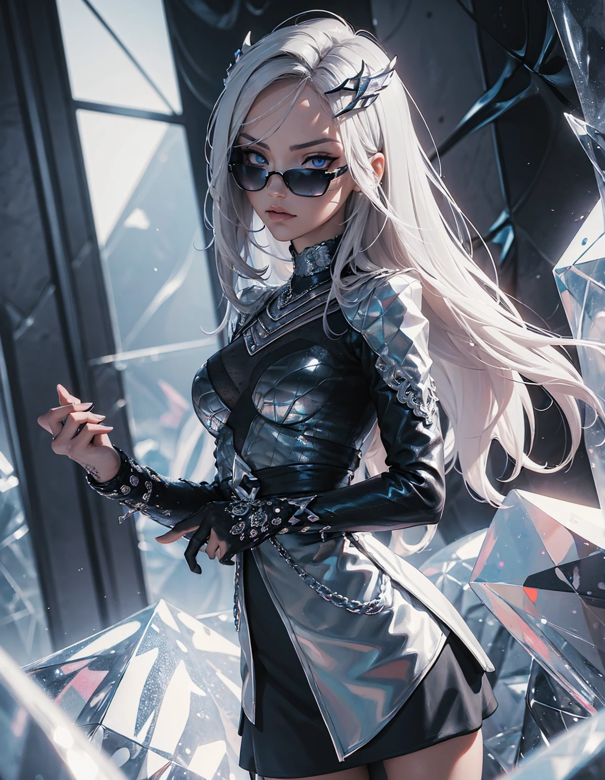 Detailed textures, high quality, high resolution, high accuracy, realism, color correction, correct lighting settings, harmonious composition. Emo goth girl in sunglasses, AddXL (black and white, intricate details, woman with intricate design, anime fantasy in 3DCGI format, necro, skin with detailed pattern, abstract fragments, expressive eyes, mixed media, 3D rendering with silver painting, symmetrical beauty, ambient occlusion, psi-trans).