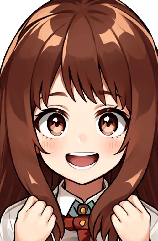 Horikoshi Kouhei, 1 girl, brown hair, brown eyes, cute eyes,long hair, happy.