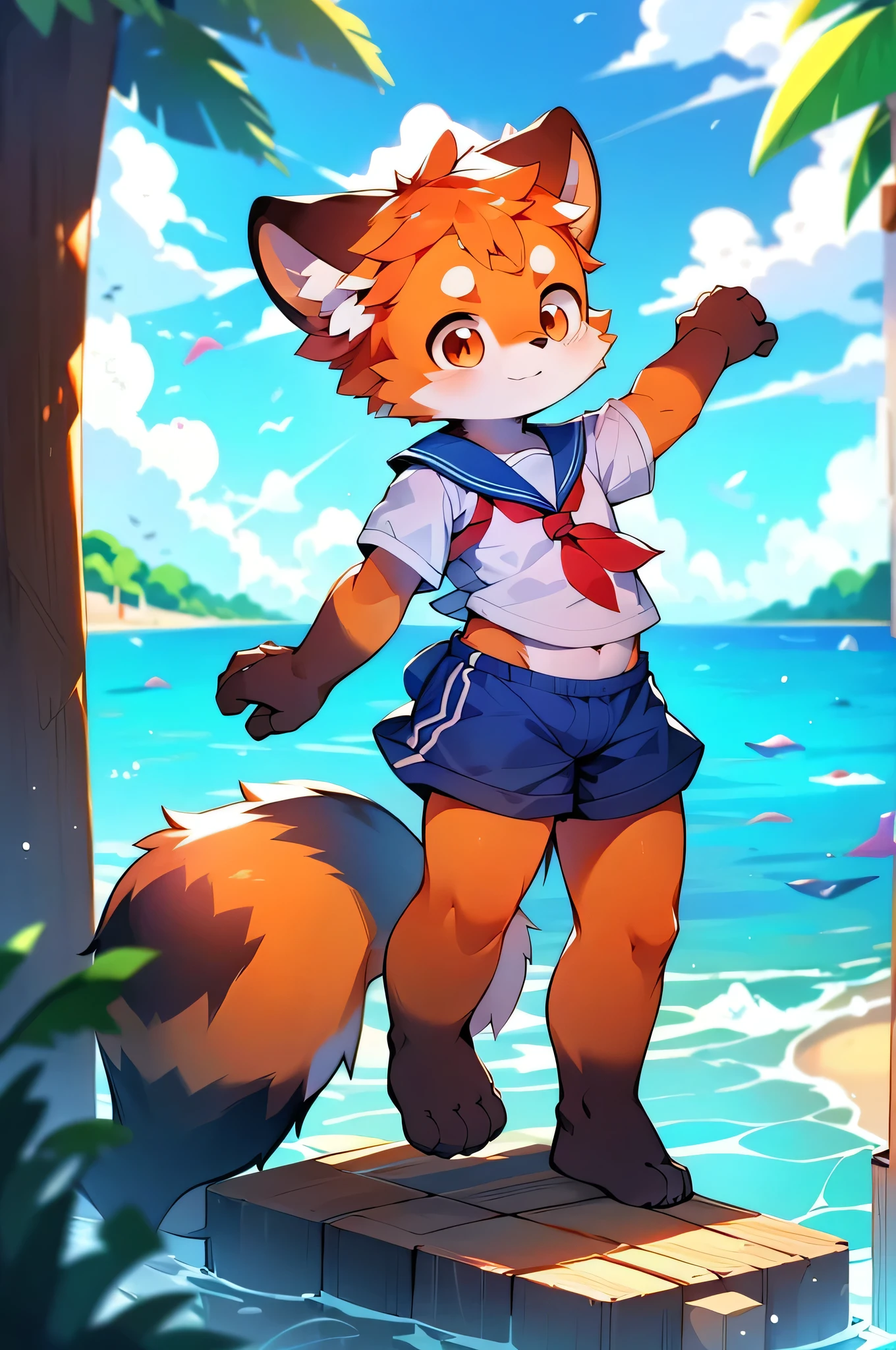 Red Panda Boy,8k resolution,Furry, Ocean,Sailor uniform,Red collar,Two legs,Stand on your feet!