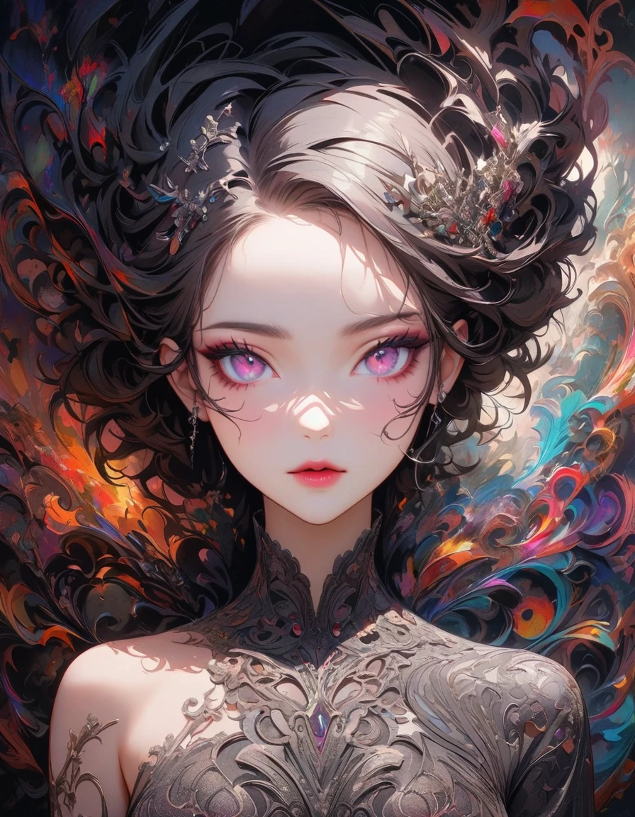 Detailed textures, high quality, high resolution, high accuracy, realism, color correction, correct lighting settings, harmonious composition. Emo goth girl in sunglasses, AddXL (black and white, intricate details, woman with intricate design, anime fantasy in 3DCGI format, necro, skin with detailed pattern, abstract fragments, expressive eyes, mixed media, 3D rendering with silver painting, symmetrical beauty, ambient occlusion, psi-trans).