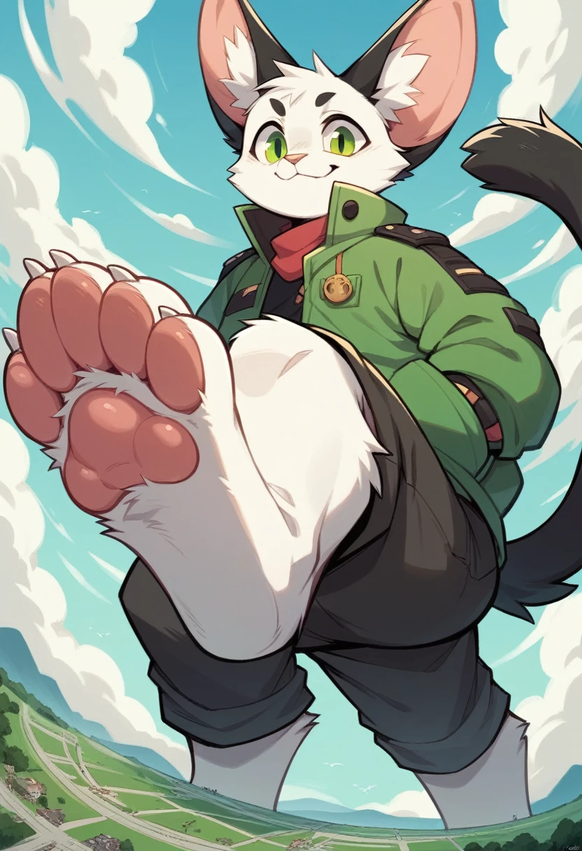 anthro, cat, white fur, green eyes, green jacket, big ears, black tail tip, furry, looking down, Viewers look at, Viewer looks up, smiling, above standing, Macro, Fußfocus, alone, good lighting, Focus on feet, raised foot, Focus on the bottom of the foot, fluffy, furry paws, Paw pads, schwarze Paw pads, stomp something, adult