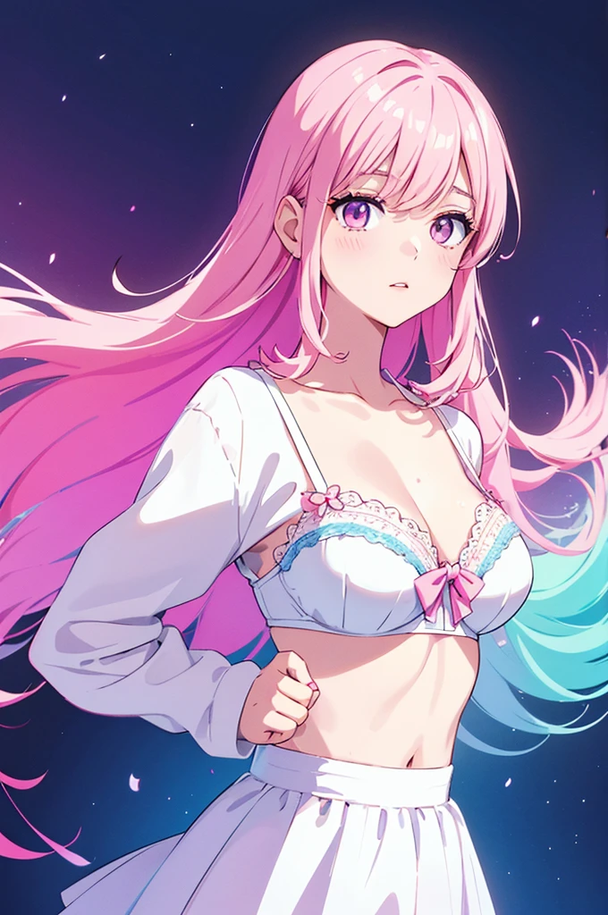 bra,pretty girl, Pink Lips, Wearing a bright white shirt, In the style of a soft aurora punk color palette, Anime illustration of her face, Animated GIFs, Hand-drawn animation, Attractive sketch, Soft and bright, A vague romanticism, Super Plain Style, White--Air Background 1:1--Rainbow 5--Expression Style