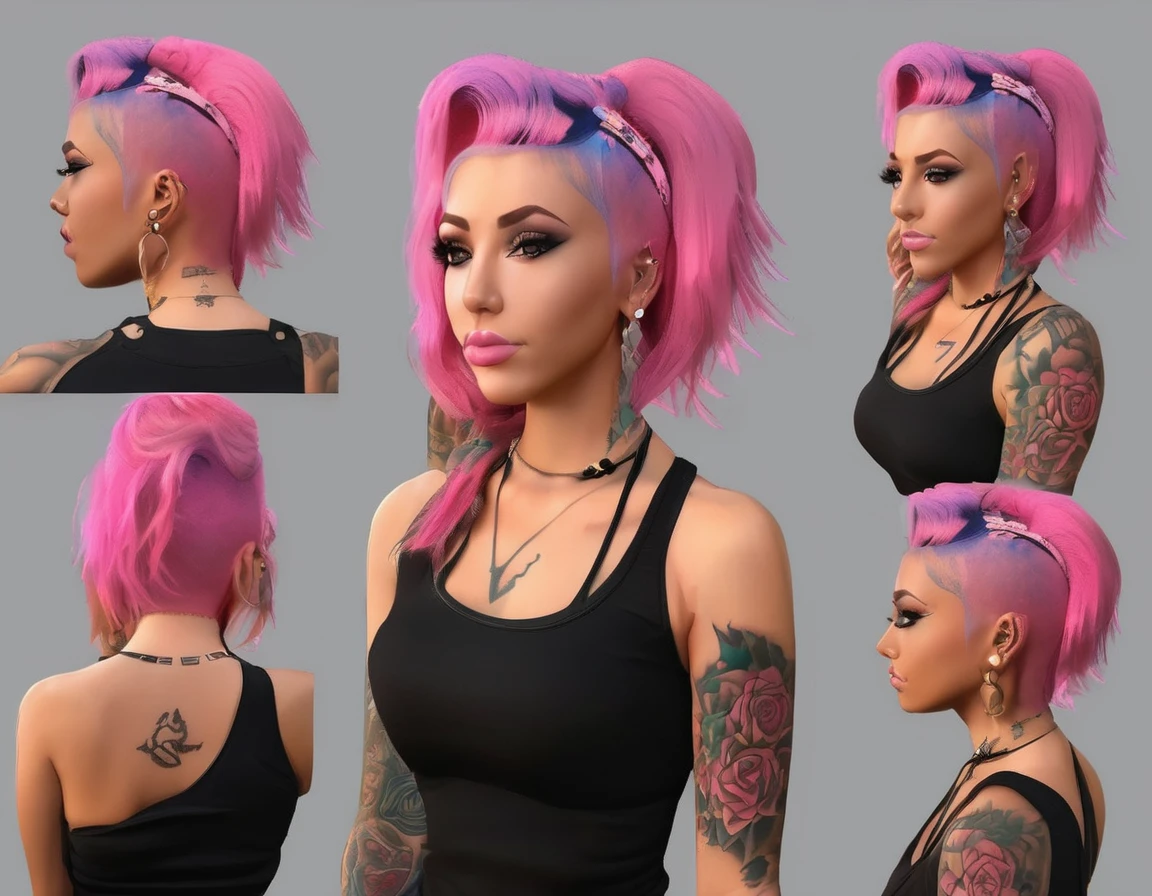 Young adult woman 22 years realistic, sexy with medium tits, modern punk style similar to harley quien, with long blonde and a little pink hair, with a broken heart tattoo on the neckline for the profile image