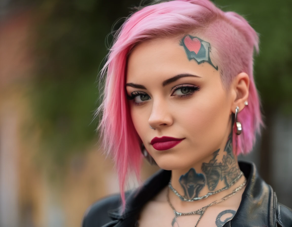 Young adult woman 22 years realistic, sexy with medium tits, modern punk style similar to harley quien, with long blonde and a little pink hair, with a broken heart tattoo on the neckline for the profile image