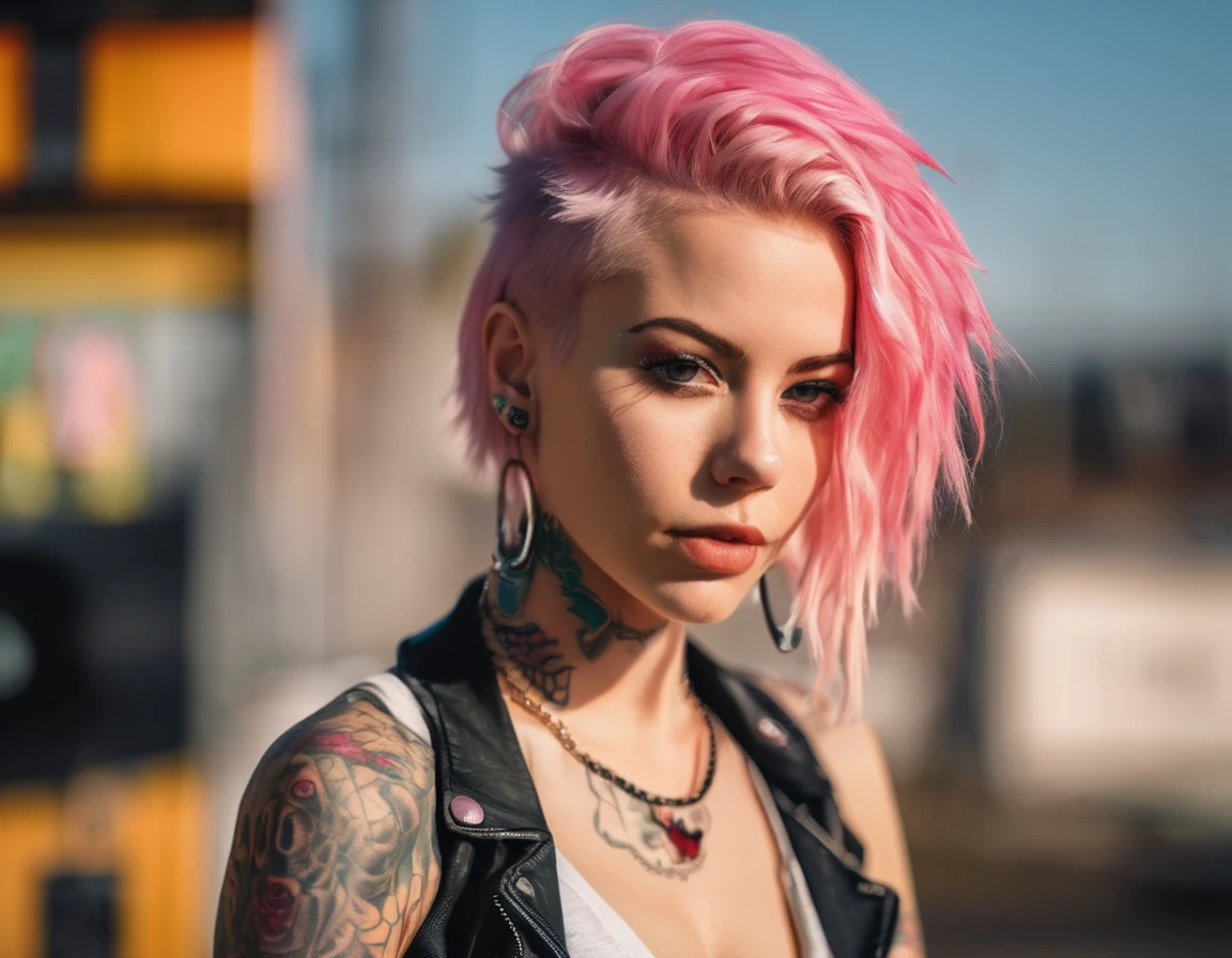 Young adult woman 22 years realistic, sexy with medium tits, modern punk style similar to harley quien, with long blonde and a little pink hair, with a broken heart tattoo on the neckline for the profile image