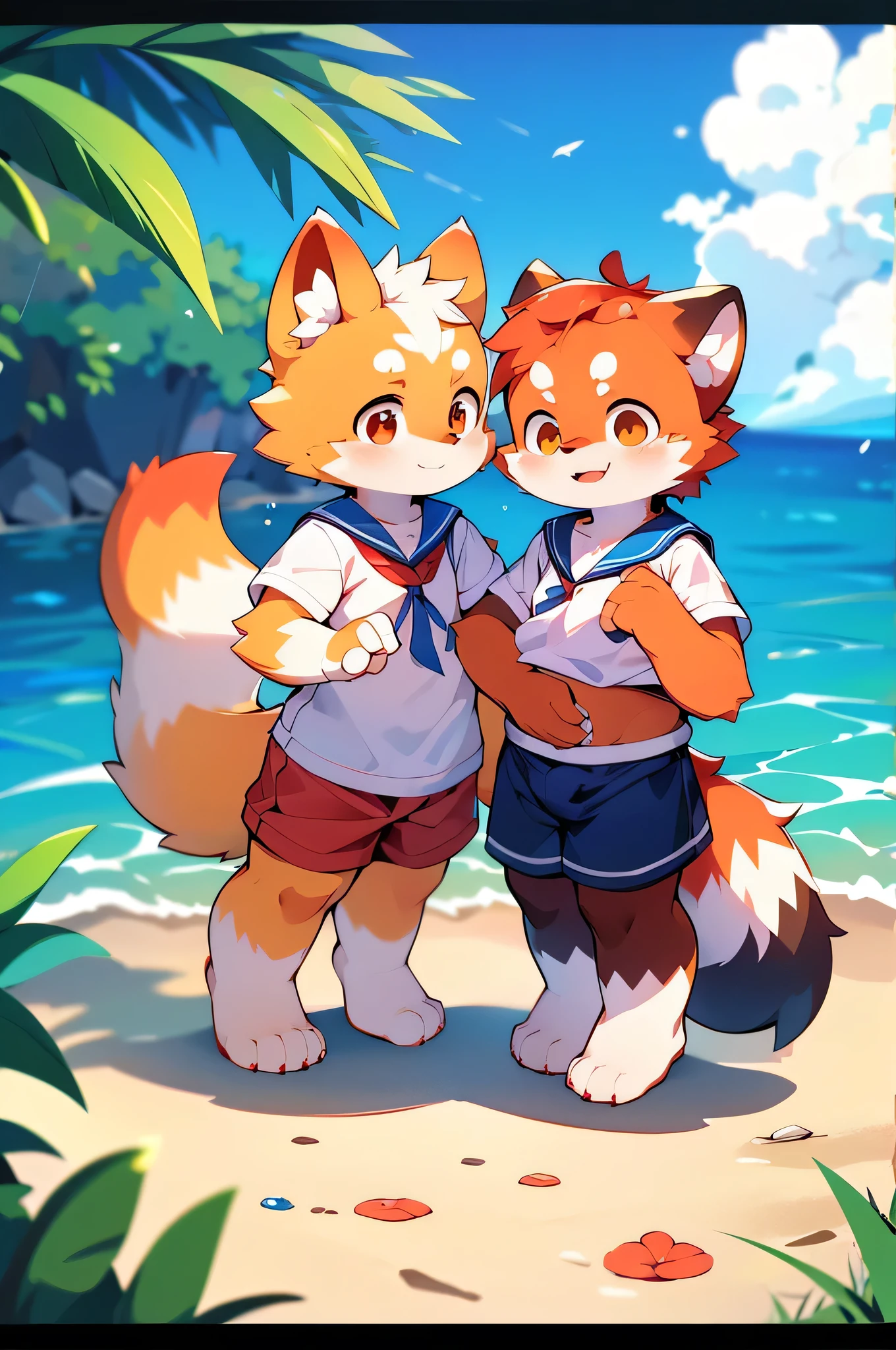 Red Panda Boy,8k resolution,Furry, Ocean,Sailor uniform,Red collar,Two legs,Stand on your feet!