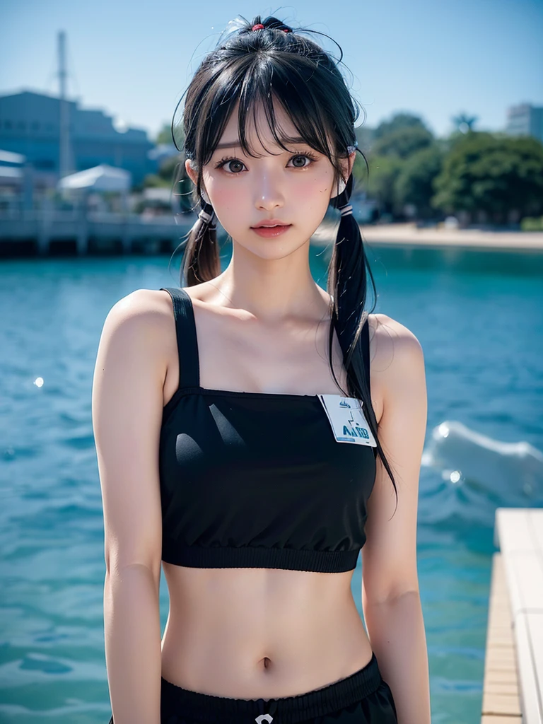 40-year-old Japanese woman、Black Hair、Hair is very short、Twin tails、Hatsune Miku Costume、Headphones、Flat Chest、Realistic photos、Realistic、8K quality、expensive、No bangs、Swimwear、High resolution, Highest quality, Anatomically correct, Winner of numerous awards, Ultra high definition, Night Beach
