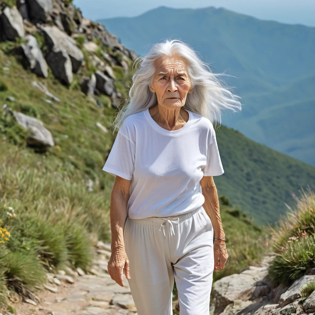 old woman with a long white hairs walk in mountain, she dress a white t shirt and sport mountain pants, she's tired, she's old woman, she  is serene, she's funny ,