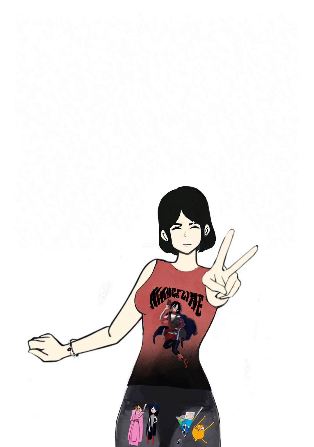 1 , short black hair,bangs between eyes, eyes locked, shirt and pants with design.