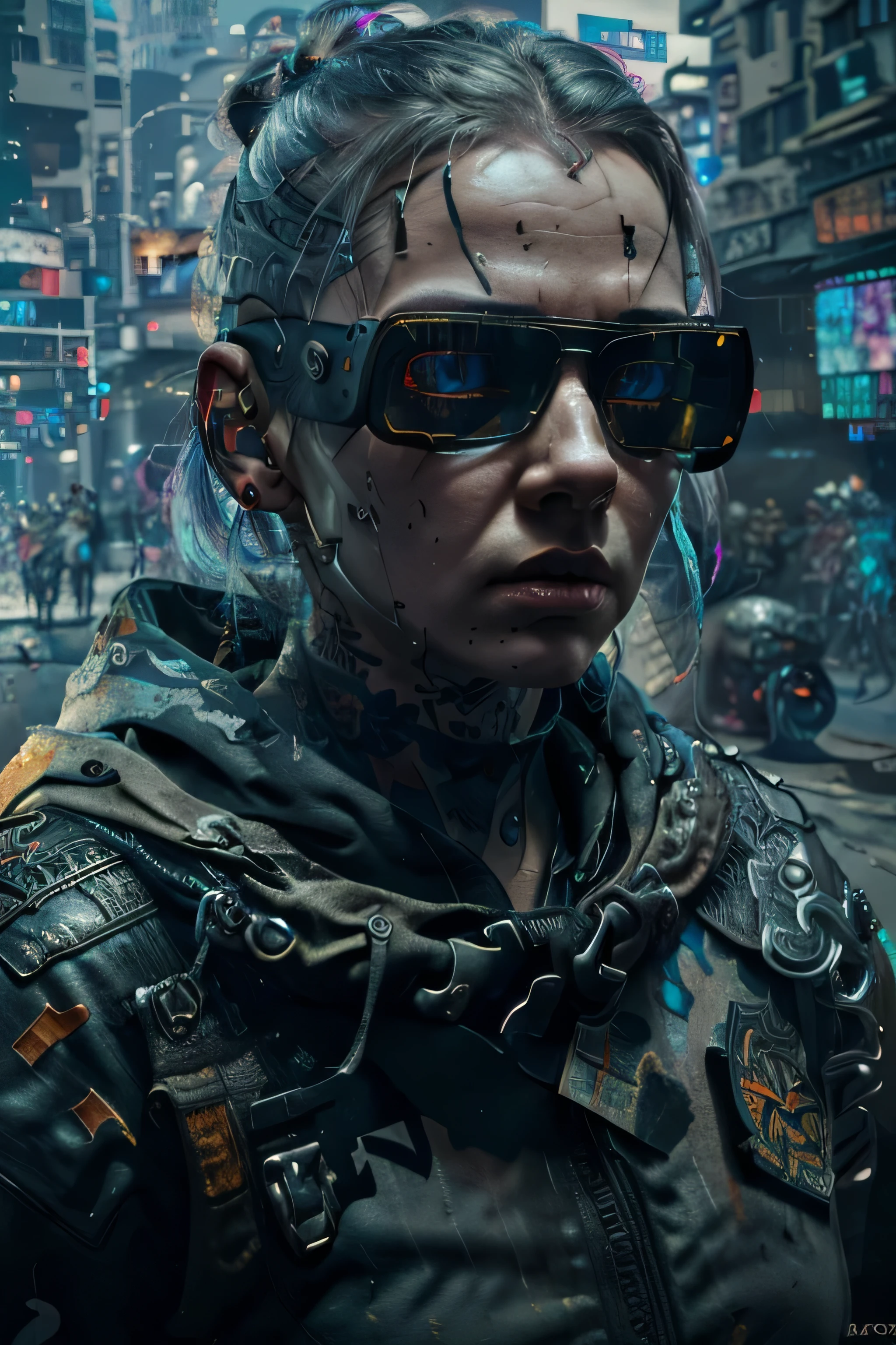 (best quality, 4k, 8k, high resolution, masterpiece: 1.2), ultra-detailed, (realistic, photorealistic, photorealistic: 1.37) (3d art) woman with angry expression, transparent cybernetic uniform (frame cinematic), flaming eyes like fire, tattooed face, glowing tattoo, (dark scene) (cyber) white hair, (perspective frame) rainy environment, cyberpunk background