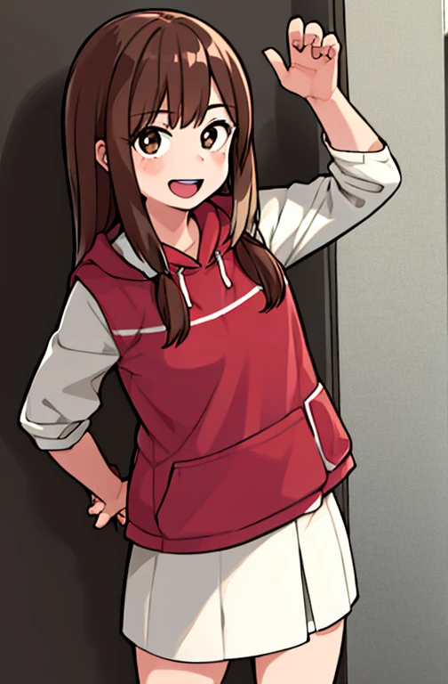 Horikoshi Kouhei, 1 girl, brown hair, brown eyes, cute eyes,long hair, happy.