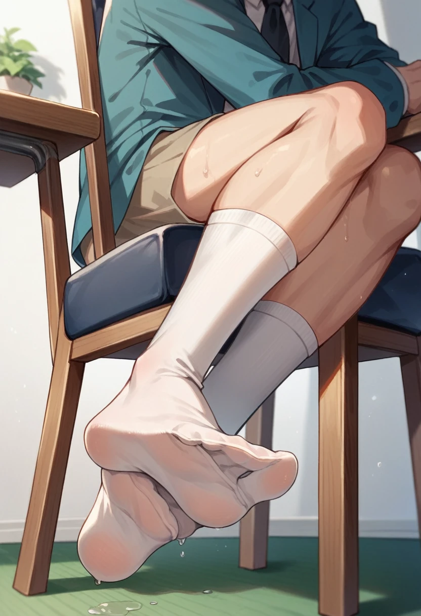 Anime boy Yuji very wet sweaty white socks scrunching his soles under chair showing his feet soles so very close to the camera