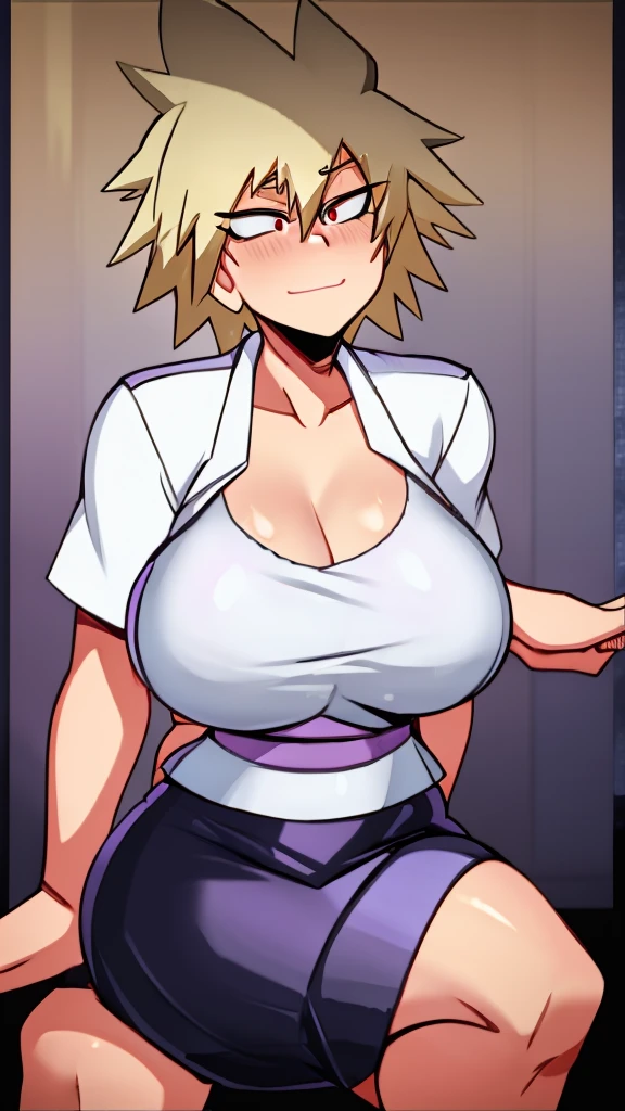  A cute big breasted sexy woman beautiful ash blonde hair round short messy cut her slanted orange eye wears a white blouse under a simple purple shirt and a tight black skirt black heels