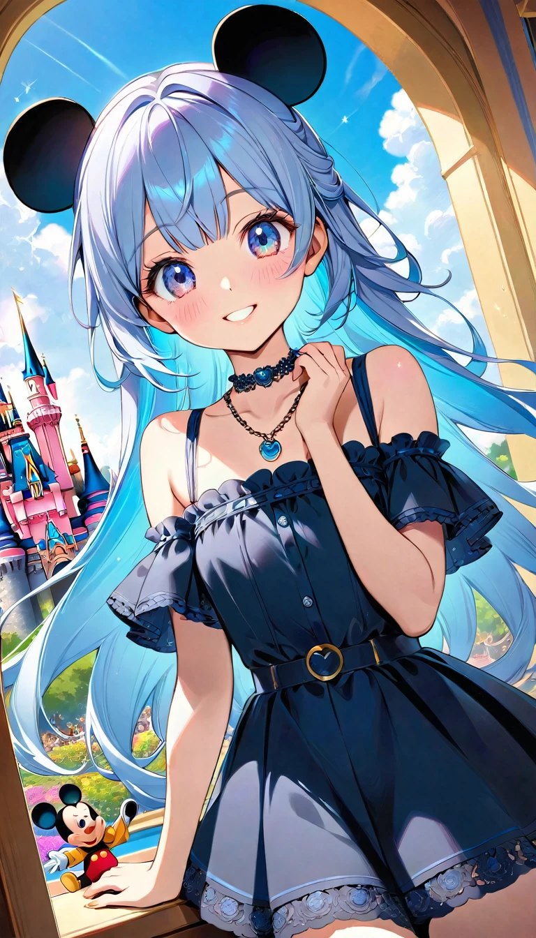 masterpiece, best quality, extremely detailed, (illustration, official art:1.1), 1 girl ,(((( light blue long hair)))), ,(((( light blue long hair)))),light blue hair , , long hair ((blush)) , cute face, big eyes, masterpiece, best quality,(((((a very delicate and beautiful girl))))),Amazing,beautiful detailed eyes,blunt bangs(((( little delicate girl)))),tareme(true beautiful:1.2), sense of depth,dynamic angle,,,, affectionate smile, (true beautiful:1.2),,(tiny 1girl model:1.2),)(flat chest) ,Anime girl wearing Mickey Mouse sunglasses and a necklace, Anime-style illustrations, Decora style illustrations, Anime atmosphere, Beautiful anime art style, Digital art on pixiv, Anime Graphic Illustration, Colorful illustration, Cute art styleColorful illustration, Winnie the Pooh、Soap bubble、Disneyland、Big Castle