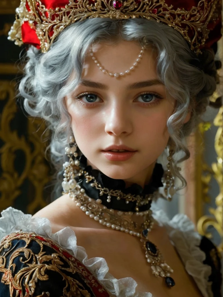 (best quality,ultra realist:1.2),A high resolution ,ultra detail, a young French courtesan of the fourteenth century, 16yo, beautiful woman in exquisite black and red costume ,Fine jewelry, like pearls and rubies. pale skin, Curly silver hair with small strands, beautiful expressive blue-grey eyes ,beautiful detailed lips,, Beautiful and elegant and delicate personality.