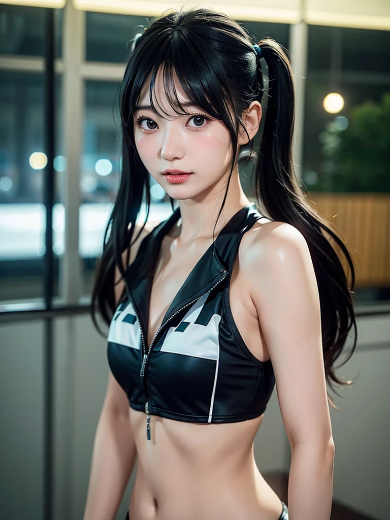 40-year-old Japanese woman、Black Hair、Hair is very short、Twin tails、Hatsune Miku Costume、Headphones、Flat Chest、Realistic photos、Realistic、8K quality、expensive、No bangs、Swimwear、High resolution, Highest quality, Anatomically correct, Winner of numerous awards, Ultra high definition, 夜のプール、ネオン