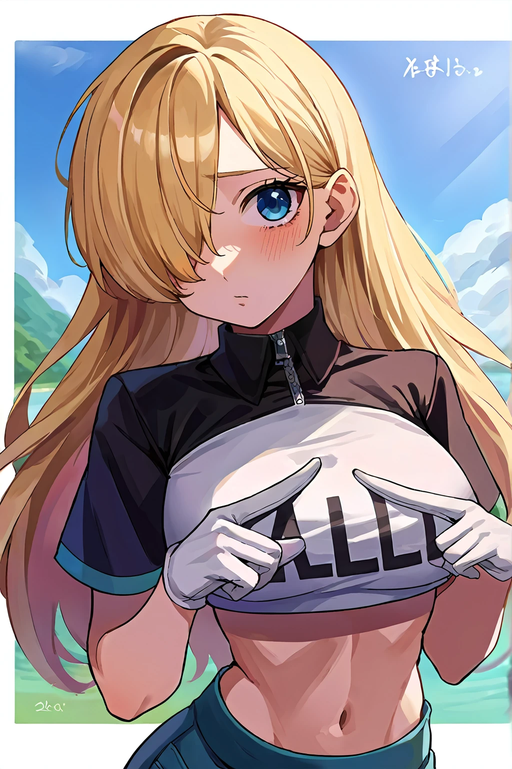 check_9, check_8_up, check_7_up, source_anime, rating_safe, One, 1 girl, You will be Victoria, Hello, blush, shy, I look at the viewer, index fingers together, blonde hair, hair over one eye, Blue eyes, Crop top, not good, Short sleeves, White gloves, Big breasts 