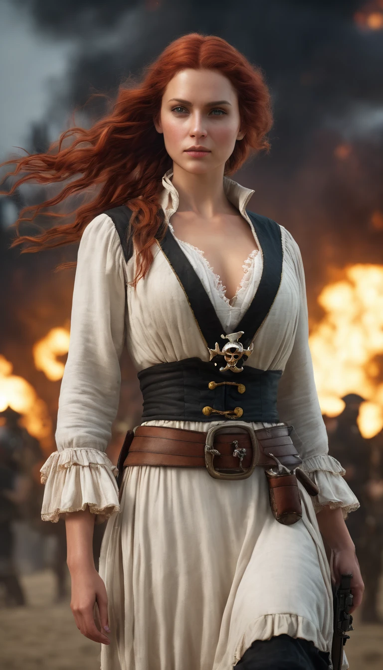 (dynamic lighting), (realism), (realistic)), (depth of field), (UHD), (32k), (Mastepiece), (highres, high resolution), (Advanced facial details), (shiny skin), (photorealistic), (dslr), (soft lighting), (high quality), (clearly face), ((full body shot:1.5)), (finely detailed face), (top quality), (Best Quality), (good quality:1.2), (Ultra detailed:1.2), (ultra detailed face:1.2), (ultra detailed body:1.2), young girl with old pistole, red hair, (white pirate dress:1.2), black ship, night, battlefield, fire in the background,