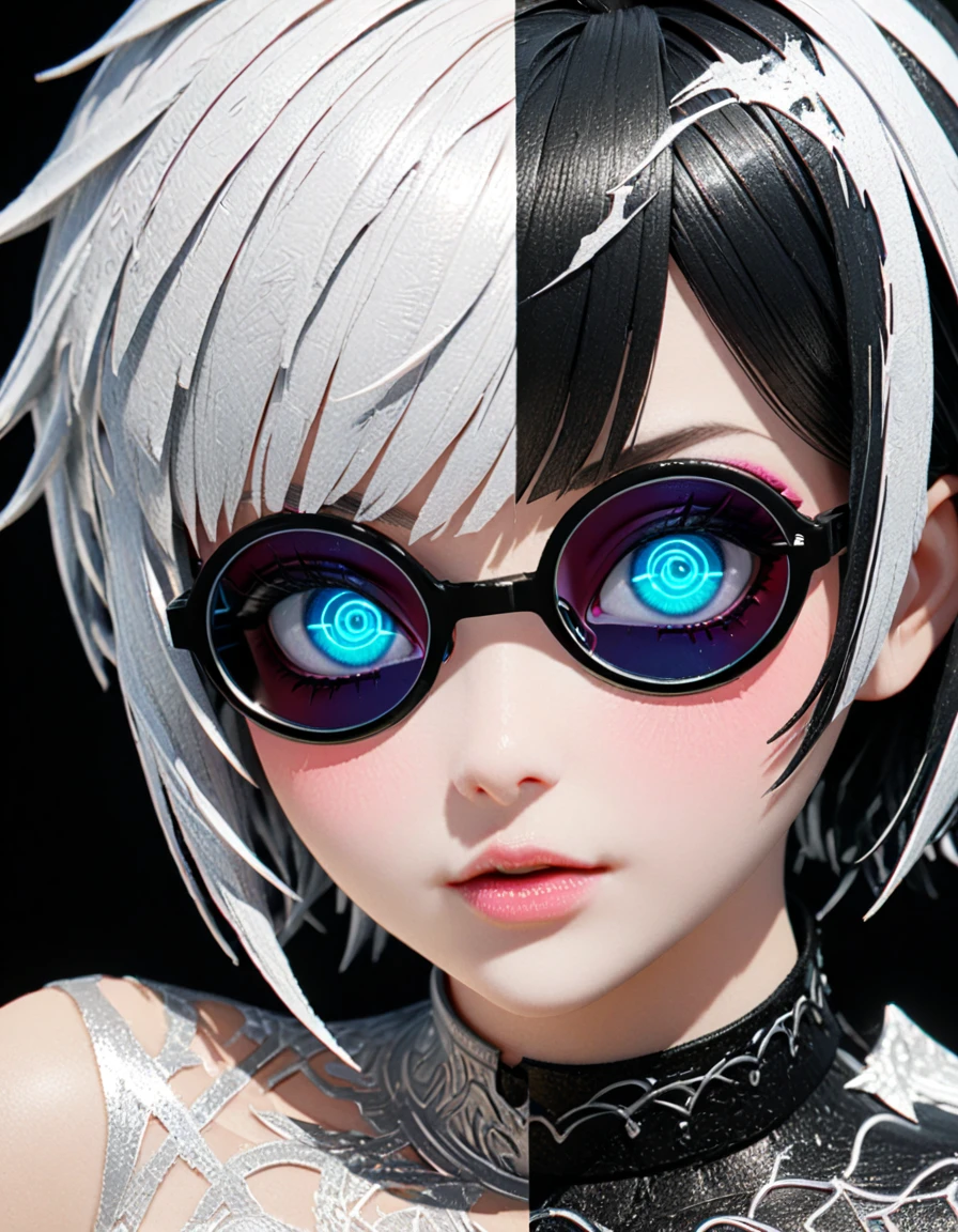 Detailed textures, high quality, high resolution, high accuracy, realism, color correction, correct lighting settings, harmonious composition. Emo goth girl in sunglasses, AddXL (black and white, intricate details, woman with intricate design, anime fantasy in 3DCGI format, necro, skin with detailed neon pattern, abstract fragments, expressive eyes, mixed media, 3D rendering with silver painting, symmetrical beauty, ambient occlusion, psi-trans).
