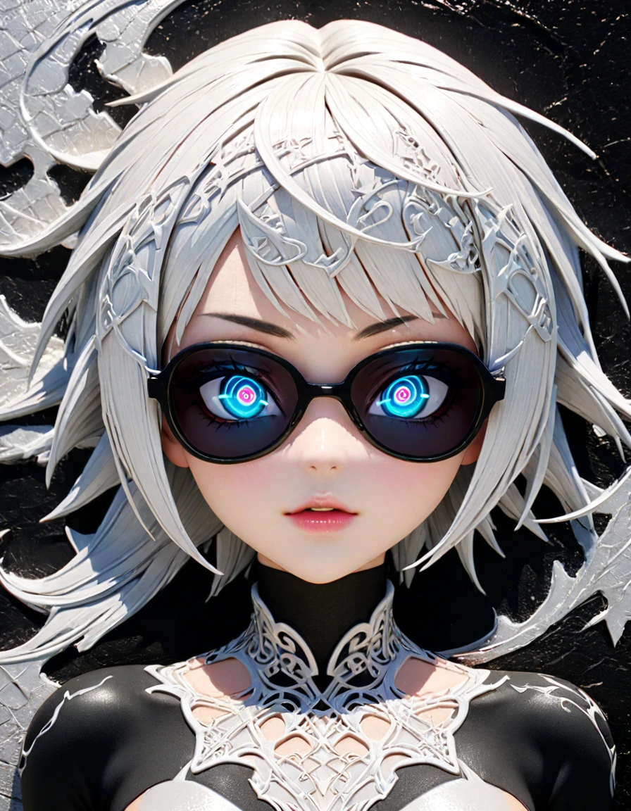 Detailed textures, high quality, high resolution, high accuracy, realism, color correction, correct lighting settings, harmonious composition. Emo goth girl in sunglasses, AddXL (black and white, intricate details, woman with intricate design, anime fantasy in 3DCGI format, necro, skin with detailed neon pattern, abstract fragments, expressive eyes, mixed media, 3D rendering with silver painting, symmetrical beauty, ambient occlusion, psi-trans).