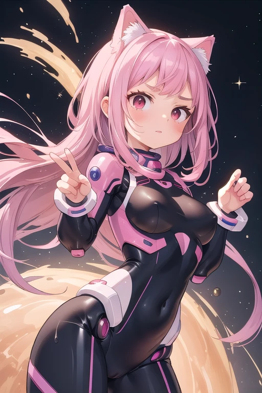(muslos curvados), (pechos enormes, pechos turgentes:1.4), ochako uraraka, manos perfeta dedos perfeto definido, cartoon of a woman in a pink and black outfit with a white cat, a sketch inspired by Ceri Richards, tumblr, sōsaku hanga, humanoid form, streamlined pink armor, gainax, this character has cryokinesis, gynoid body, gainax anime style, female mecha, girl in mecha cyber armor