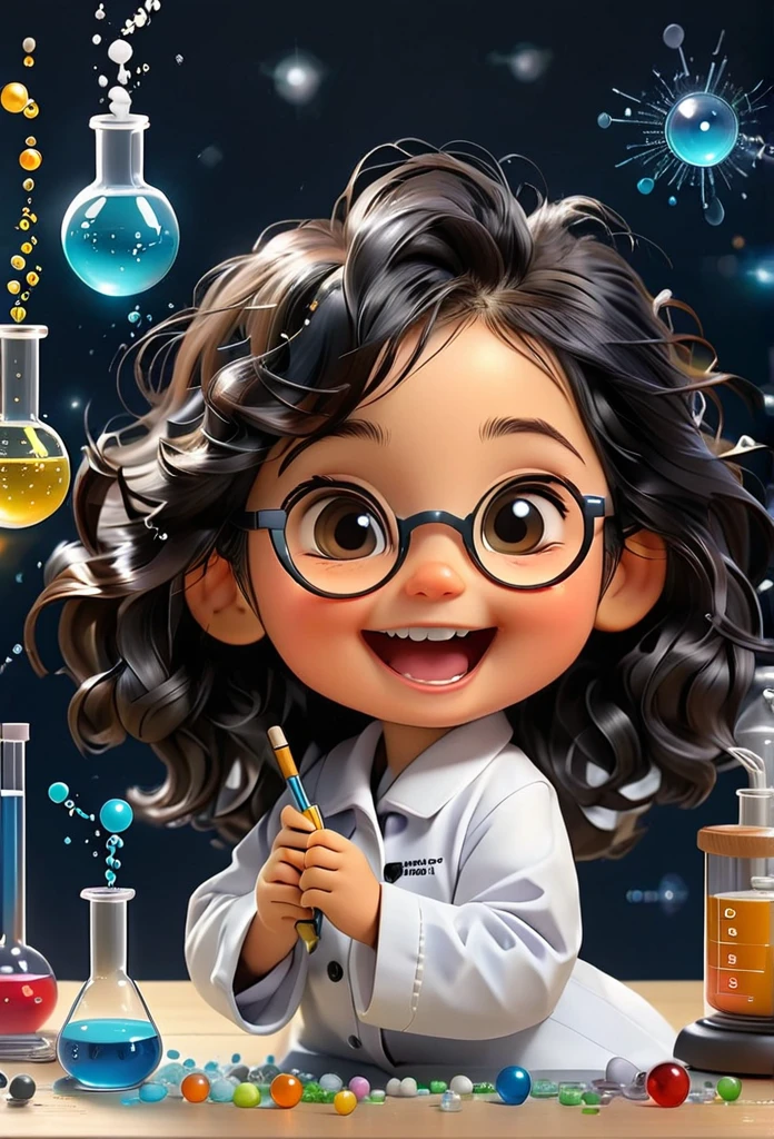 Chibi Baby Chemistry Mascot MASCOT, atoms, Molecules ,Has black hair , Blind box style and model with popular market style, The sunlight shines, , hyper qualit, sharp features, Ultra HD and 8K resolution,Cool Hand Drawn Illustration，fly away (Inside out disgusting), Create a series of best quality cute chibi dolls,ultra details,realisitic,Science Laboratory,Chemical experiment,ultra HD, chemical equipment,scientists working,cups,UHD Bunsen Burner ,Microscope,laboratory glassware,measuring cylinders,labcoats,Round nerd glasses ,science books,Periodic table,scientific research,discoveries,new inventions,innovation,aprendizagem,education,Scientific culture wears coat with details of buttons and brooches , her coat is charming and cute with ultra chemical details ,Curiosidade,Technological advancements,swirly vibrant colors,soft lighting,modern laboratory,nerdy atmosphere,laboratory instruments,hypothesis testing,Scientific method,symbolic representation,Critical thinking,experiments ,precision,precision,Intricate details,impressive scientific setup,natural elements,exploration of the mysteries of science,unlocking the secrets of nature. Baby chibi is happy and excited, remember to use chemical laboratory glassware, The chalkboard behind the cute chibi baby is written the structure of caffeine in white chalk 18K UHDBlack hair, very long hair, American propaganda poster, shine light, 3D rendering, 