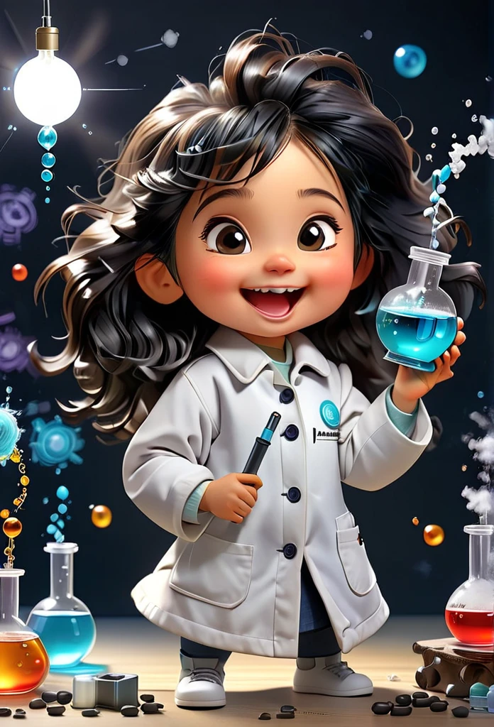 Chibi Baby Chemistry Mascot MASCOT, atoms, Molecules ,Has black hair , Blind box style and model with popular market style, The sunlight shines, , hyper qualit, sharp features, Ultra HD and 8K resolution,Cool Hand Drawn Illustration，fly away (Inside out disgusting), Create a series of best quality cute chibi dolls,ultra details,realisitic,Science Laboratory,Chemical experiment,ultra HD, chemical equipment,scientists working,cups,UHD Bunsen Burner ,Microscope,laboratory glassware,measuring cylinders,labcoats,Round nerd glasses ,science books,Periodic table,scientific research,discoveries,new inventions,innovation,aprendizagem,education,Scientific culture wears coat with details of buttons and brooches , her coat is charming and cute with ultra chemical details ,Curiosidade,Technological advancements,swirly vibrant colors,soft lighting,modern laboratory,nerdy atmosphere,laboratory instruments,hypothesis testing,Scientific method,symbolic representation,Critical thinking,experiments ,precision,precision,Intricate details,impressive scientific setup,natural elements,exploration of the mysteries of science,unlocking the secrets of nature. Baby chibi is happy and excited, remember to use chemical laboratory glassware, The chalkboard behind the cute chibi baby is written the structure of caffeine in white chalk 18K UHDBlack hair, very long hair, American propaganda poster, shine light, 3D rendering, 