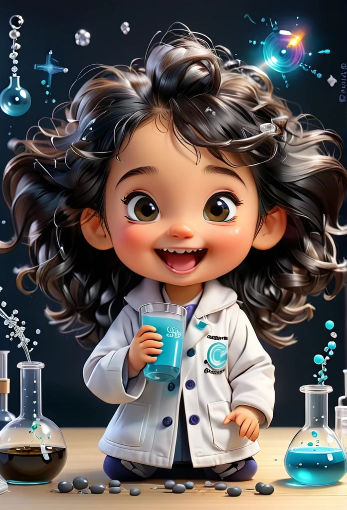 Chibi Baby Chemistry Mascot MASCOT, atoms, Molecules ,Has black hair , Blind box style and model with popular market style, The sunlight shines, , hyper qualit, sharp features, Ultra HD and 8K resolution,Cool Hand Drawn Illustration，fly away (Inside out disgusting), Create a series of best quality cute chibi dolls,ultra details,realisitic,Science Laboratory,Chemical experiment,ultra HD, chemical equipment,scientists working,cups,UHD Bunsen Burner ,Microscope,laboratory glassware,measuring cylinders,labcoats,Round nerd glasses ,science books,Periodic table,scientific research,discoveries,new inventions,innovation,aprendizagem,education,Scientific culture wears coat with details of buttons and brooches , her coat is charming and cute with ultra chemical details ,Curiosidade,Technological advancements,swirly vibrant colors,soft lighting,modern laboratory,nerdy atmosphere,laboratory instruments,hypothesis testing,Scientific method,symbolic representation,Critical thinking,experiments ,precision,precision,Intricate details,impressive scientific setup,natural elements,exploration of the mysteries of science,unlocking the secrets of nature. Baby chibi is happy and excited, remember to use chemical laboratory glassware, The chalkboard behind the cute chibi baby is written the structure of caffeine in white chalk 18K UHDBlack hair, very long hair, American propaganda poster, shine light, 3D rendering, 