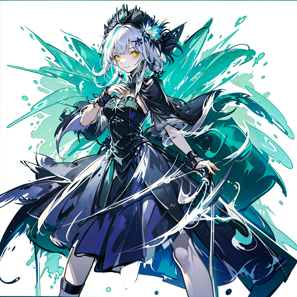 One girl, (masterpiece), Highest quality, Silver Hair, semi-long, Hair on the chest, Green Eyes, smile, Small breasts, (Dairy-free), (low length), (Young), Steampunk costumes, Put on a white coat, Magical atmosphere, White Wings, Newsboy cap with goggles, High resolution