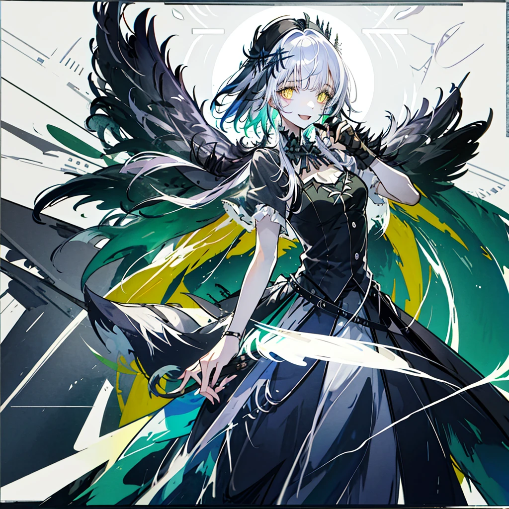 One girl, (masterpiece), Highest quality, Silver Hair, semi-long, Hair on the chest, Green Eyes, smile, Small breasts, (Dairy-free), (low length), (Young), Steampunk costumes, Put on a white coat, Magical atmosphere, White Wings, Newsboy cap with goggles, High resolution