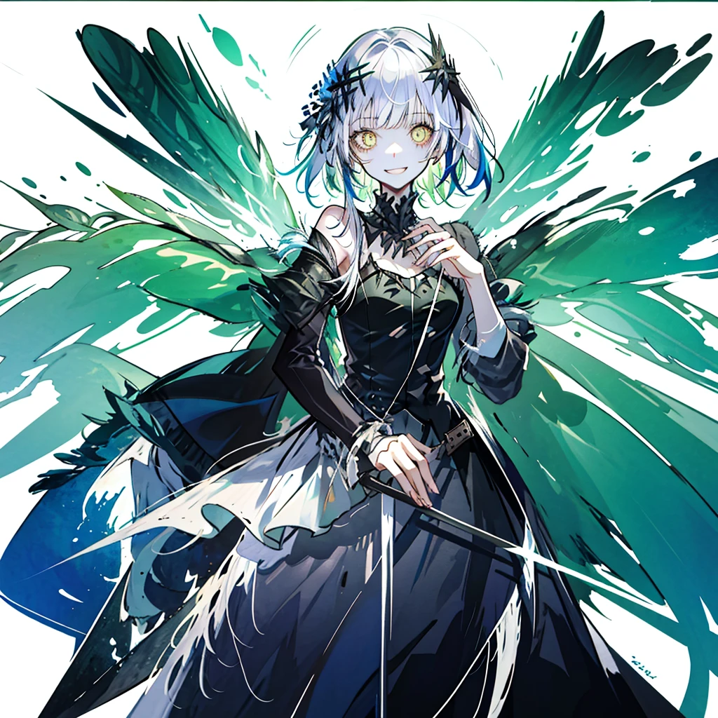 One girl, (masterpiece), Highest quality, Silver Hair, semi-long, Hair on the chest, Green Eyes, smile, Small breasts, (Dairy-free), (low length), (Young), Steampunk costumes, Put on a white coat, Magical atmosphere, White Wings, Newsboy cap with goggles, High resolution