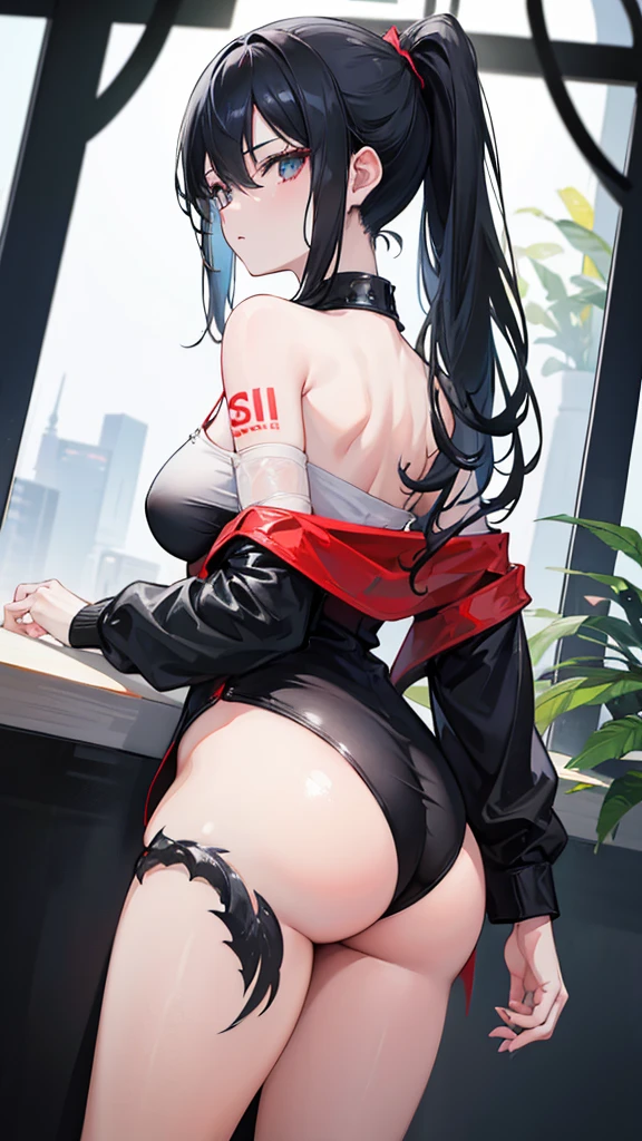 One girl, Jet Black Hair、glossy、ponytail、Tsurime、Gaze, Beautiful woman looking back、Oriental dragon tattoo on shoulder